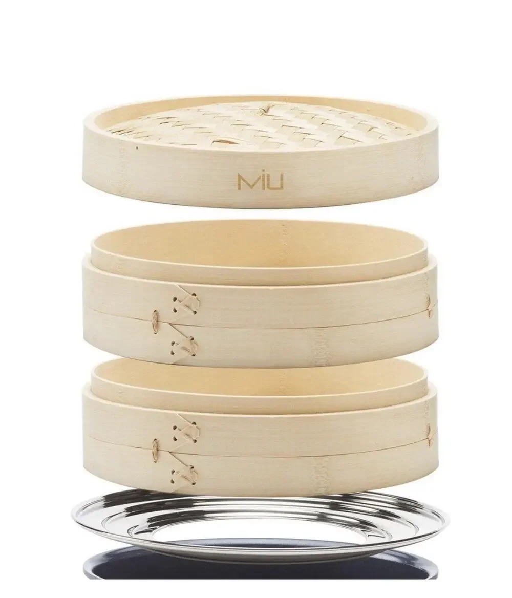 MIU Bamboo Steamer Basket 10 Inch 2 Tier Set Stainless Adapter